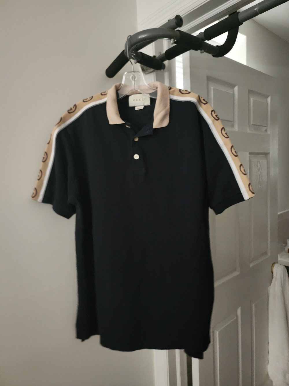 Gucci Black Polo with Beige Collar and Logo Shoulder Tape. Authentic!!